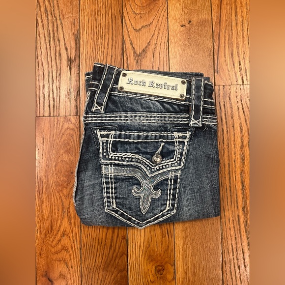 Rock Revival Jeans Blue Kai Boot Distressed Embellished Buckle Denim Womens 26 - Picture 2 of 11